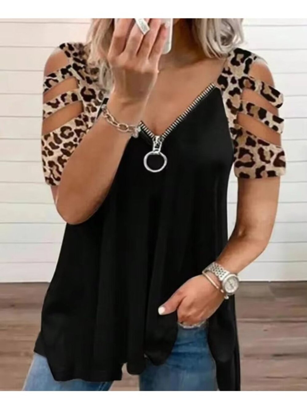 Womens Black Top With Leopard Print Sleeves Zipper V-Neck Cutout Shoulder Design